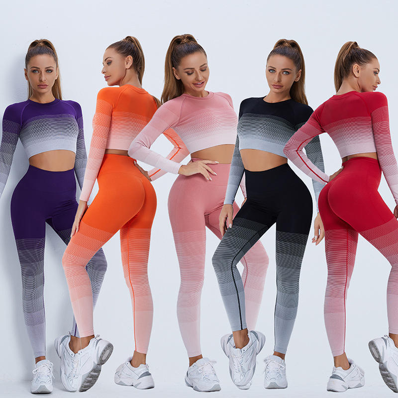 2022 Yoga porter dégradé à manches longues haut court femme Yoga pantalon costume Fitness vêtements de sport deux pièces Yoga ensemble
